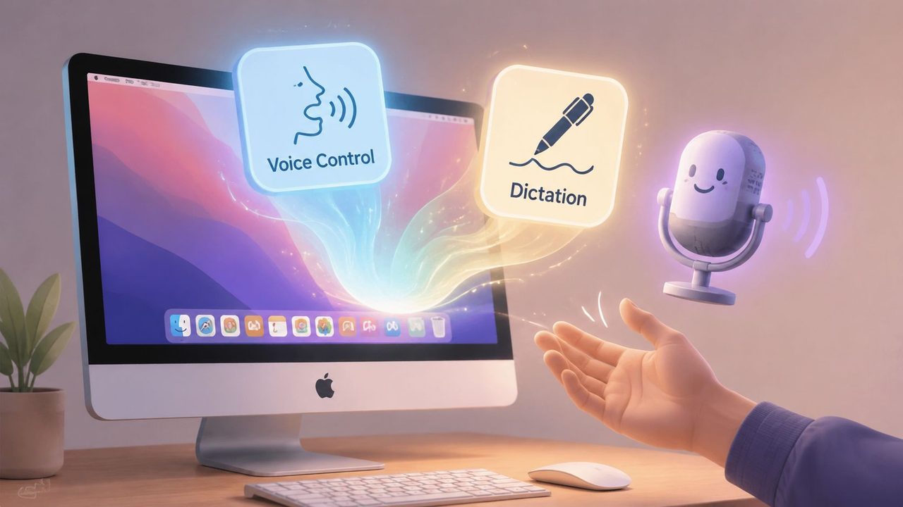 A 3D illustration showing a Mac computer with glowing icons for Voice Control and Dictation features.