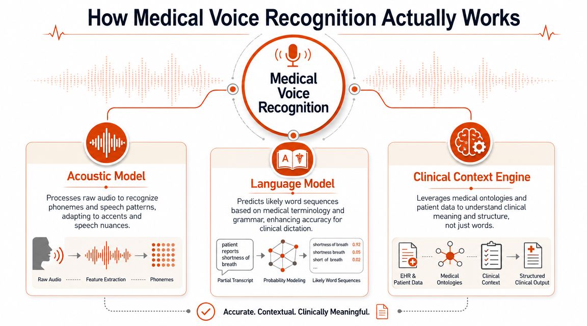 A diagram explaining how medical voice recognition software processes clinical dictation using acoustic and language models.