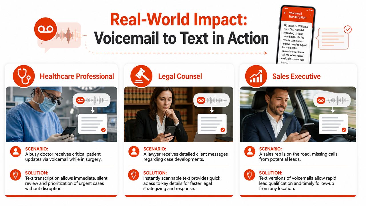 An infographic showing real-world benefits of voicemail to text technology for healthcare, legal, and sales professionals.