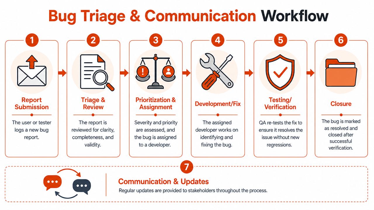 An infographic showing the seven-step bug triage and communication workflow process for software development teams.