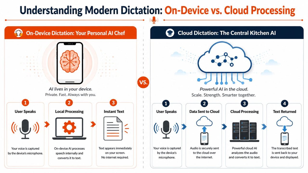 A diagram comparing on-device dictation processing versus cloud-based dictation processing workflows for speech-to-text technology.