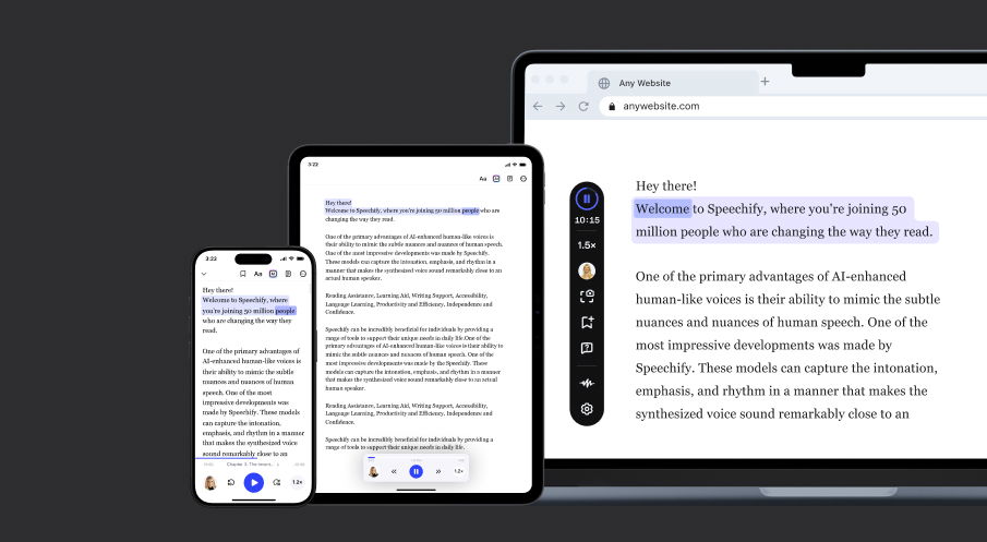 Speechify app showing word-highlighting speed reading mode across devices
