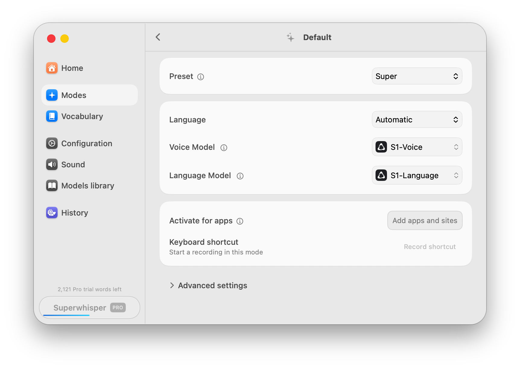 Superwhisper Super preset using S1-Voice and S1-Language