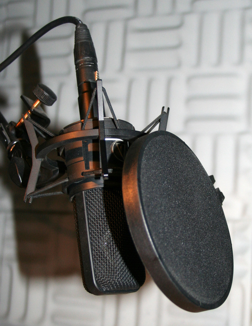Studio microphone with pop shield — the type of setup that produces clean voice samples for AI cloning
